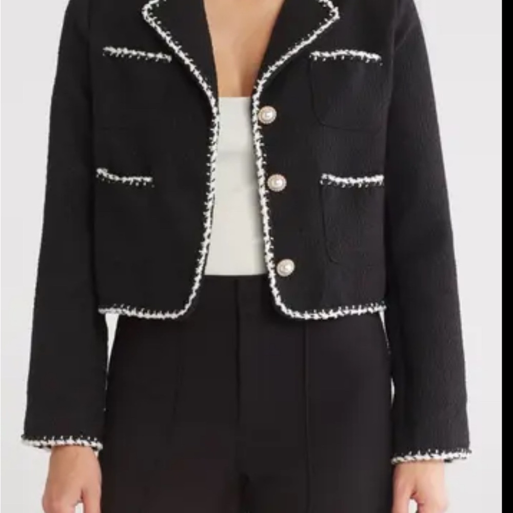 Ellen Tracy Black Boucle Blazer Pearl Buttons NWT L French Style Tweed Trim - Picture 9 of 14